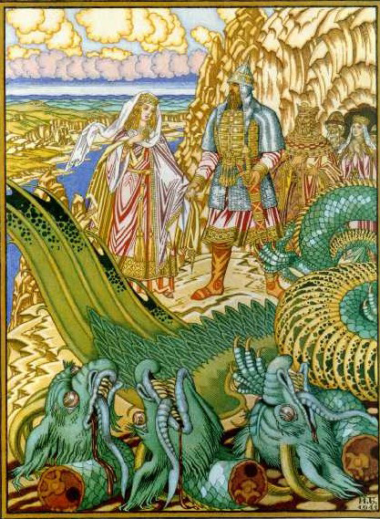 Ivan Bilibin Dobrynya Nikitich rescues Zabava from the dragon Gorynych